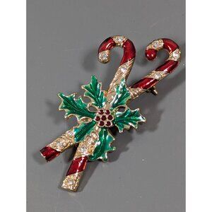 Monet Christmas Candy Cane Brooch Gold Tone Rhinestone Enamel
